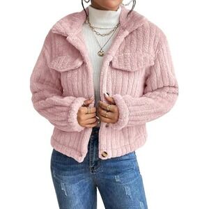 ChicMe Women Pink Ribbed Faux Fur Teddy Jacket Button Front WMXL1008 Small